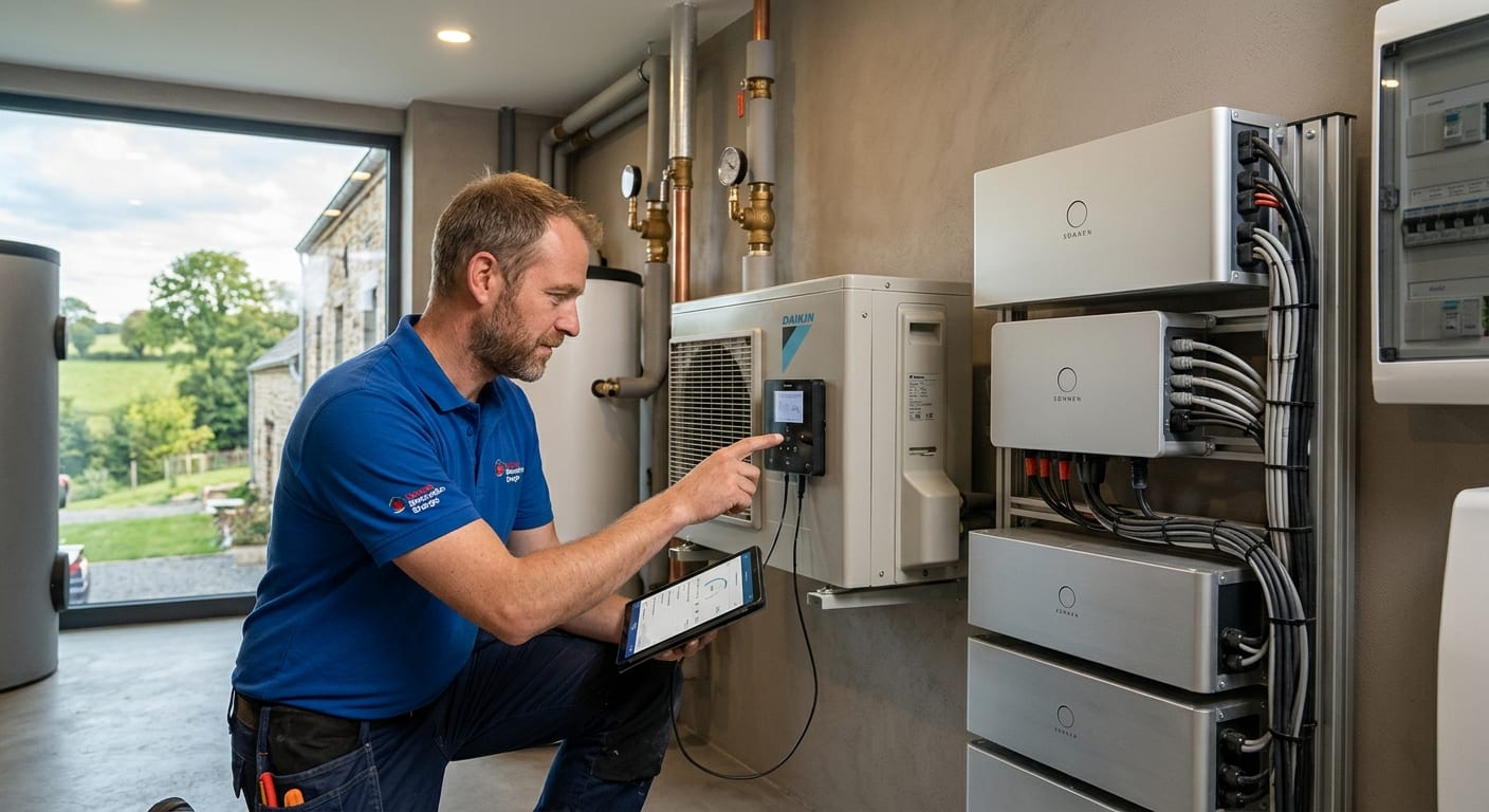 Technicien chauffagiste réglant une unité de pompe à chaleur murale et système de batterie de stockage solaire résidentiel